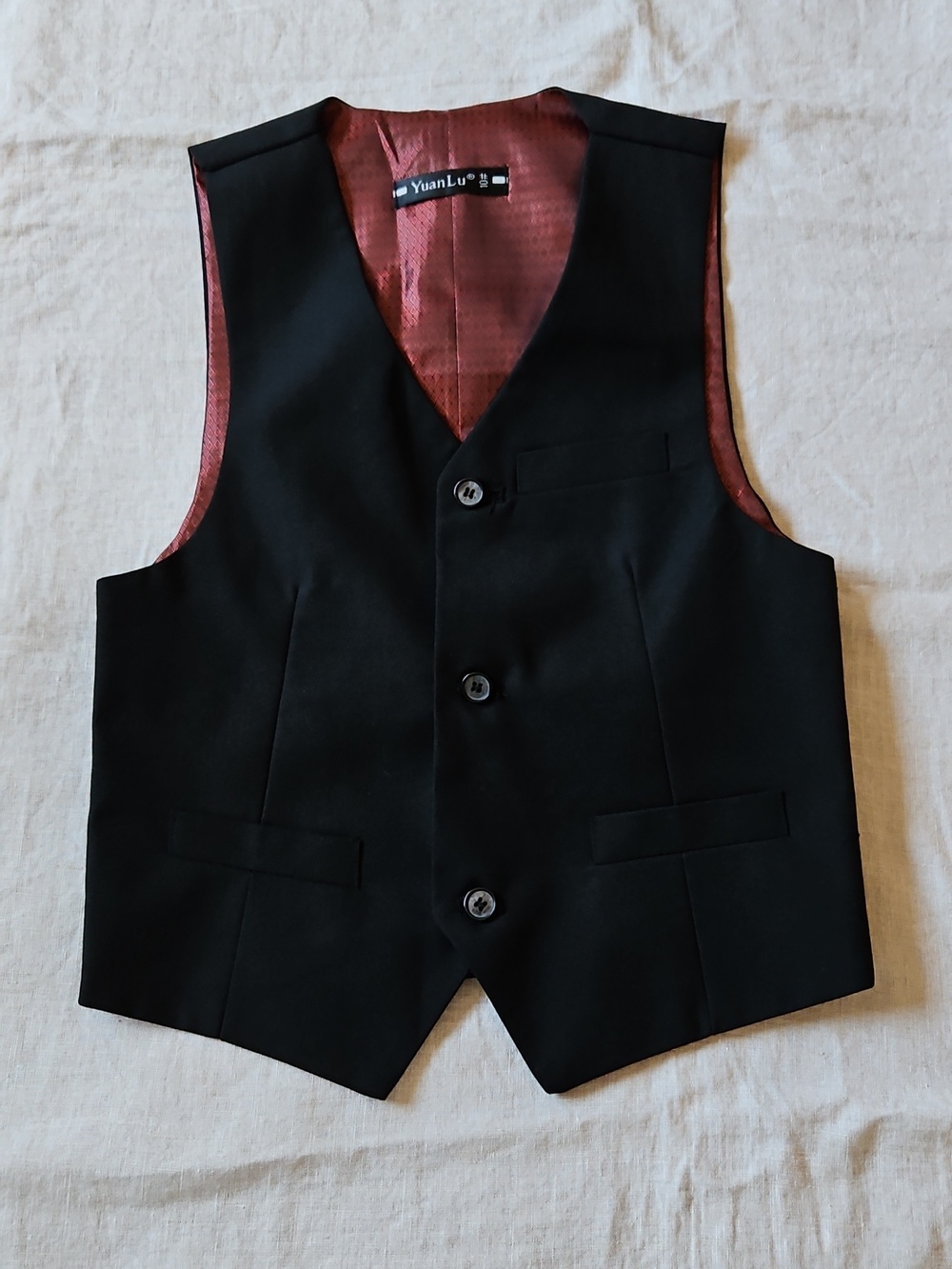 Yuan Lu Boy Black Formal Suit Vest with Copper Tone Lining Size 10